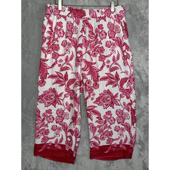 Talbots Capri Pants Womens Large Petite Pink White Floral Pull-On Pockets Crop - Picture 1 of 8